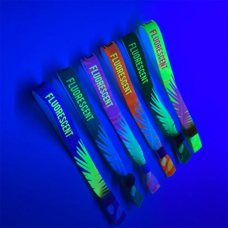 Stoffarmbänder (15 x 340 mm, einseitig farbig FLUORESCENT bedruckt) - mit wiederverschließbarem Verschluss aus Bambus-Kunststoff