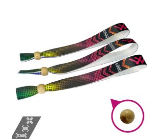   Stoffarmbänder (15 x 340 mm, einseitig farbig bedruckt mit variablen Daten) - mit wiederverschließbarem Verschluss aus Bambus-Kunststoff