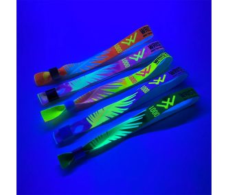   Stoffarmbänder (15 x 340 mm, einseitig farbig FLUORESCENT bedruckt mit variablen Daten) - mit wiederverschließbarem Verschluss aus Bambus-Kunststoff