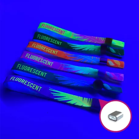 Stoffarmbänder (15x300mm, einseitig farbig FLUORESCENT bedruckt) – Aluverschluss  - Kindergröße
