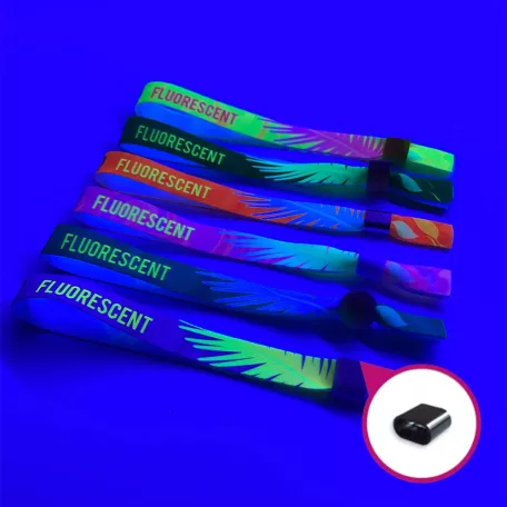 Stoffarmbänder (15x300mm, einseitig farbig FLUORESCENT bedruckt) – mit Selbstschließring- Kunststoff  - Kindergröße 