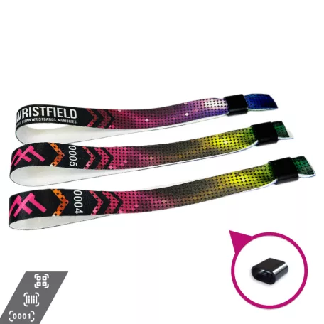 Stoffarmbänder (15 x 340 mm, einseitig farbig bedruckt mit variablen Daten) - mit Selbstschließring aus Kunststoff