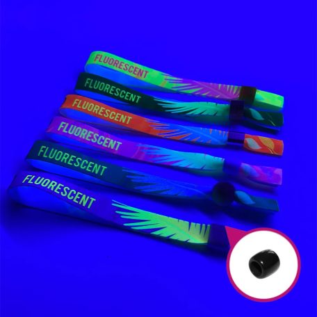 Stoffarmbänder (15 x 340 mm, einseitig farbig FLUORESCENT bedruckt) – mit wiederverschließbarem Verschluss aus Kunststoff