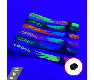   Stoffarmbänder (15 x 340 mm, einseitig farbig FLUORESCENT bedruckt mit variablen Daten) – mit wiederverschließbarem Verschluss aus Kunststoff 