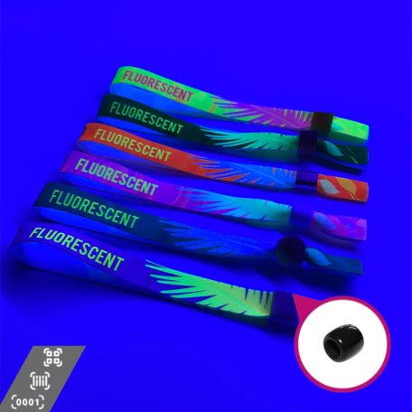Stoffarmbänder (15 x 340 mm, einseitig farbig FLUORESCENT bedruckt mit variablen Daten) – mit wiederverschließbarem Verschluss aus Kunststoff 