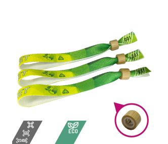   R-PET Einlassbänder (aus recycelten PET- Flaschen, 15x340mm, einseitig bedruckt mit variablen Daten) - Selbstschließring Bambus-Kunststoff